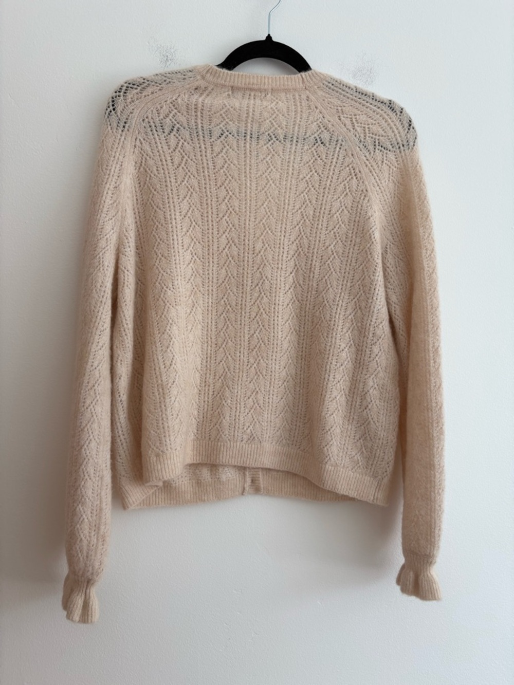 Boden Wool Mohair Blend Fluffy Pointelle Cardigan Ruffle Sleeve V Neck Cream 6 - Picture 7 of 10
